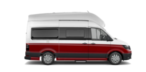 VW campervan grand california 500 exterior colour in split red and white and extended hard top roof