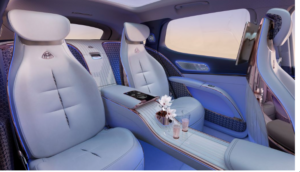 Mercedes-Maybach EQS concept car interior rear seats with rear seat entertainment and centre console running throughout