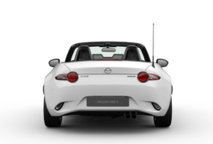 Mazda MX5 convertible exterior colour in arctic white solid rear end view soft top down