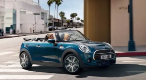 Mini Convertible exterior colour in blue soft top roof down 