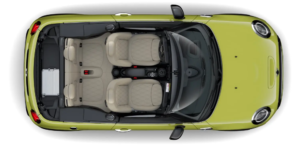 Mini Convetible exterior colour in green soft top down and view of the interior from birds eye view